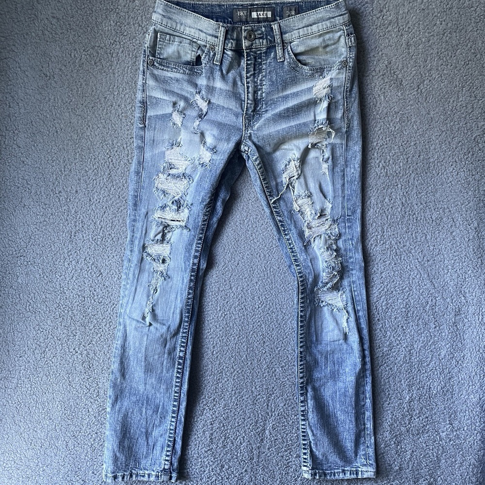 BKE Jake Buckle Denim Jeans Mens 30R 30x30 Regular Straight Distressed Blue